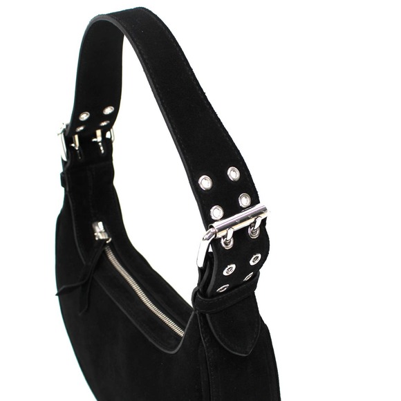 BY FAR Black Suede Leather Soho Handbag Half Moon Shoulder Bag NEW Silver Zip - Picture 3 of 9